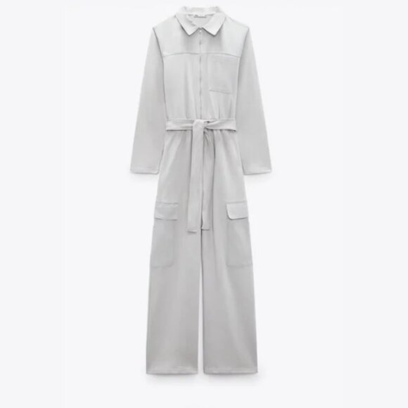 Zara | Cargo 100% Cotton Knit Long‎ Sleeve Jumpsuit in Grey 4770/023/802 Small - Picture 1 of 11